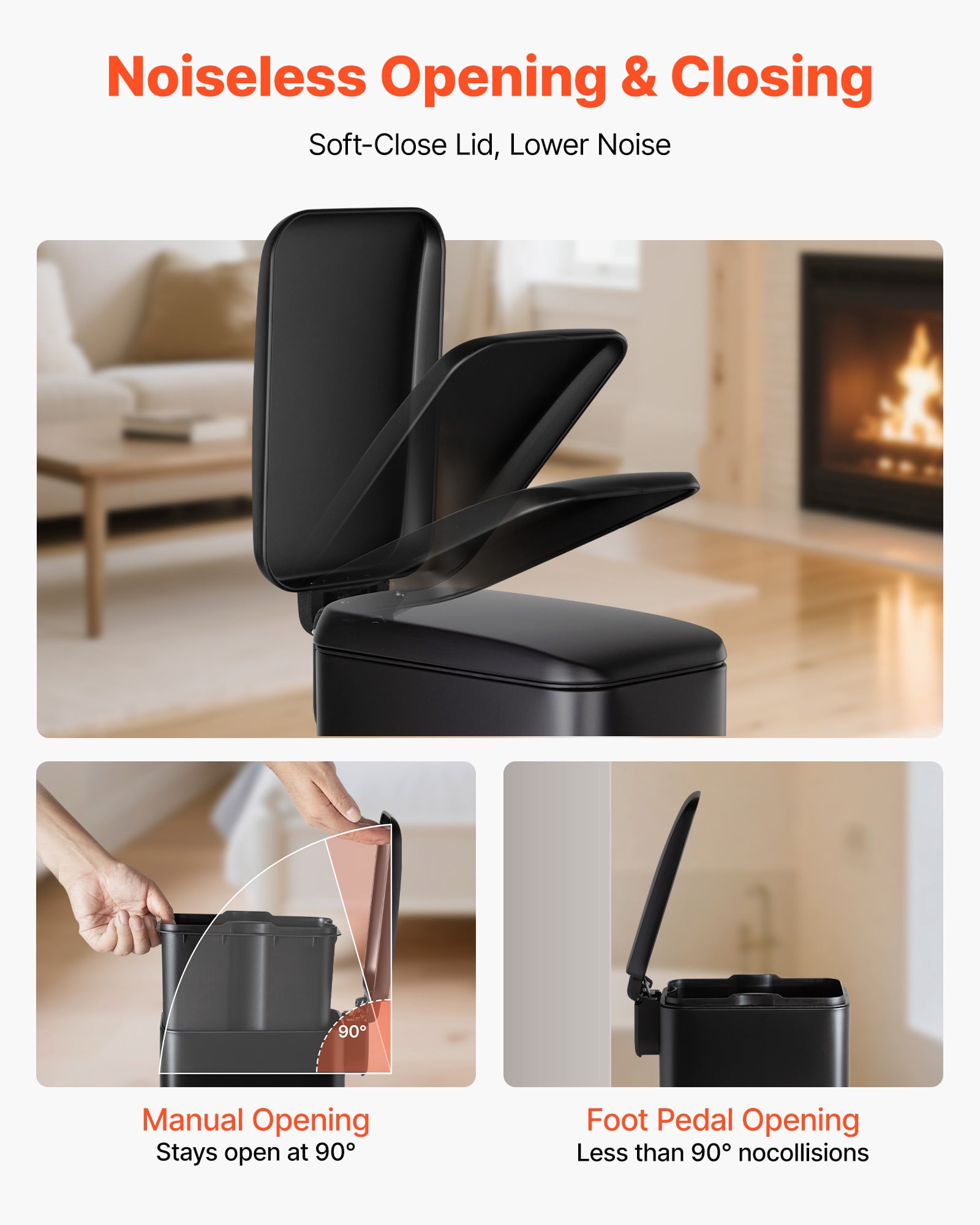 VEVOR Slim Bathroom Trash Can, 11.4 x 5.71 x 10.7 Inch Small Bedroom Trashcan with Step Pedal & Soft Close Lid, 6L Steel Garbage Can with Detachable Inner Bin, for Kitchen, Home, Dorm,Office,Black