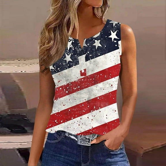breaise Independence Day Tank Tops for Women Plus Size Patriotic Red White and Blue Print Tshirts Loose Fit Sleeveless T-shirts Camisole Comfy V Neck Tanks Going Out Tops for Women
