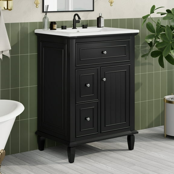 FFZ 24" Bathroom Vanity with Sink, Bathroom Vanity Cabinet with One Flip Drawer and Two Drawers, Adjustable Shelf, Solid Wood and MDF, Black