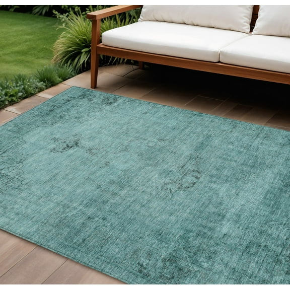 9' X 12' Teal Blue Turquoise And Charcoal Oriental Washable Indoor Outdoor Area Rug