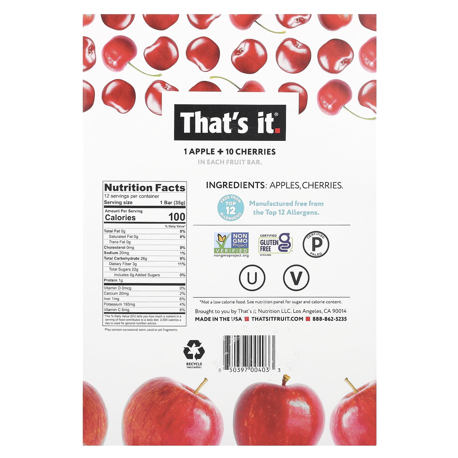That's It, Fruit Bar Apple + Cherry, 12 Ct