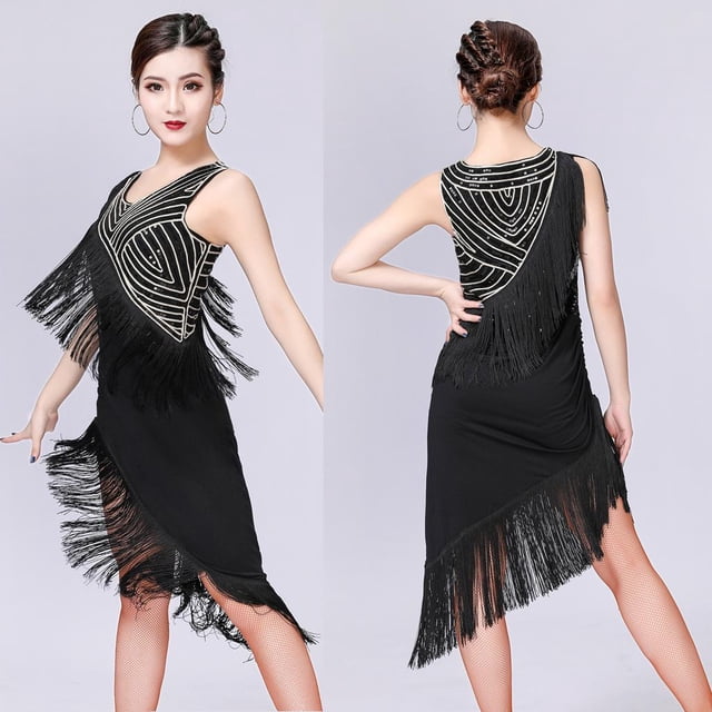 Vestido de Baile Latino Hugo Sin Mangas Escote Redondo Con Borlas Lentejuelas Asimétricas Negro