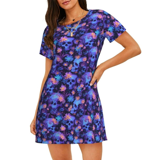 Fotbe Skull daisy purple Bata de Dormir para Mujer con Estampado, Camisón de Algodón de Manga Corta, Ropa de Dormir Casual