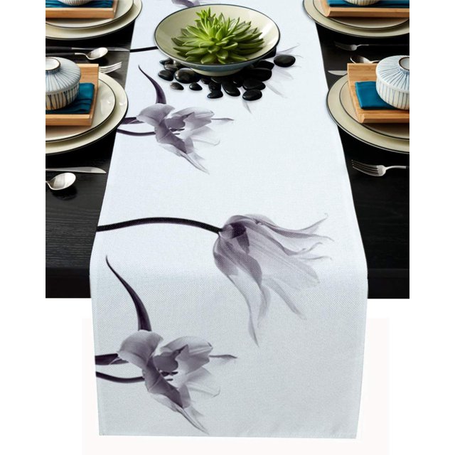 Chemin de Table 70 Pouces de Long pour Salle à Manger Tulipe Lavable en Toile de Jute Lin Collection de Table pour Fête Dîner Vacances Fleurs de Tulipe Violet Foncé Floral de Printemps