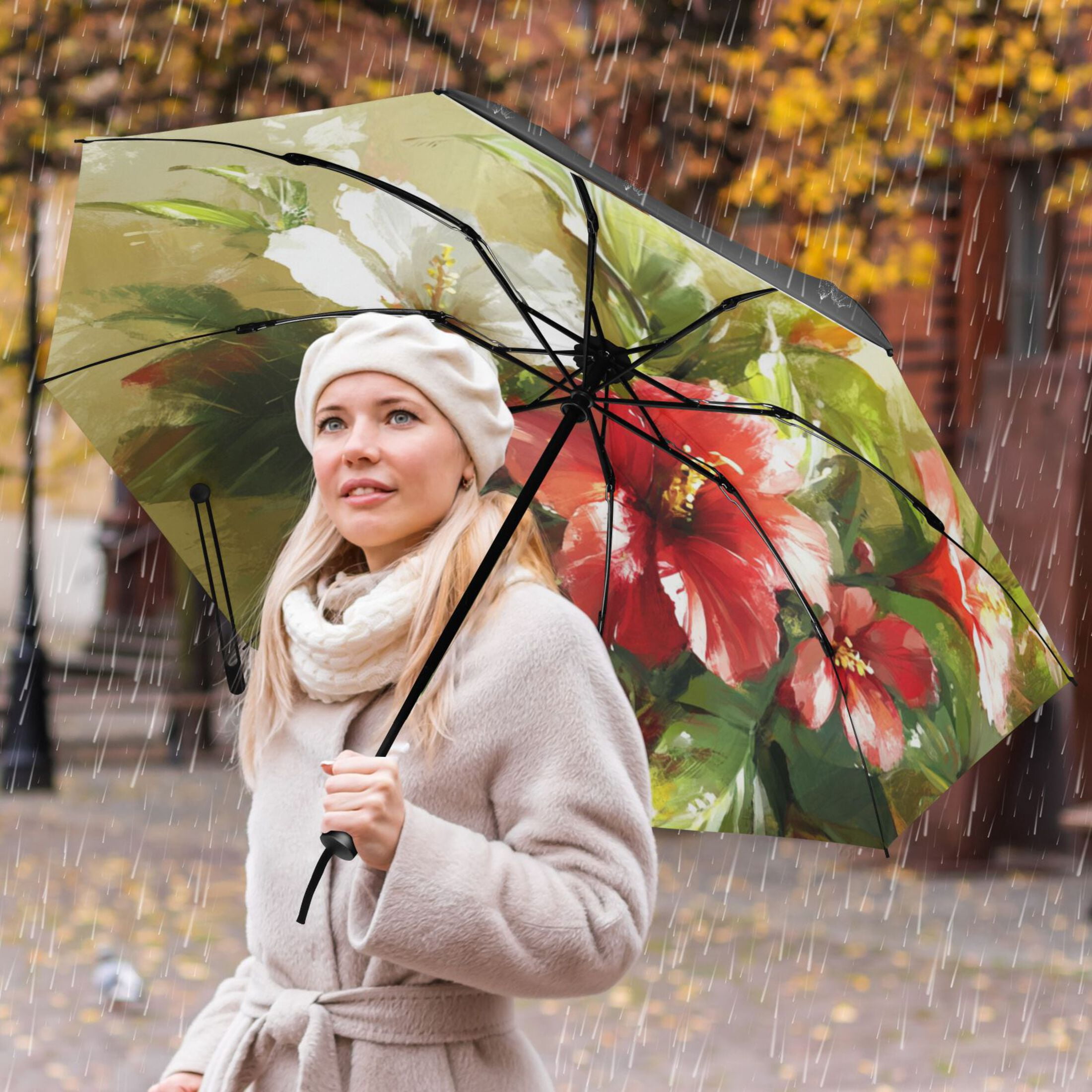 Hummingbird and Hibiscus Extra Large Automatic Umbrella, UV Protection, Waterproof, Auto Open and Close
