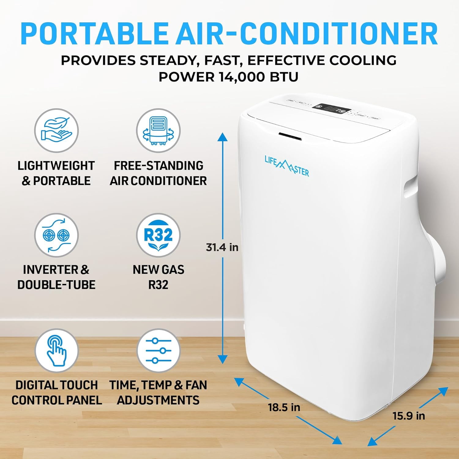 Lifemaster 14,000 BTU Dual Hose Portable Air Conditioner for 600 square feet rooms with 3 Operation Modes Dehumidifier, Cooling, and Fan, Suitable for Home, Office, School, & Business Rooms