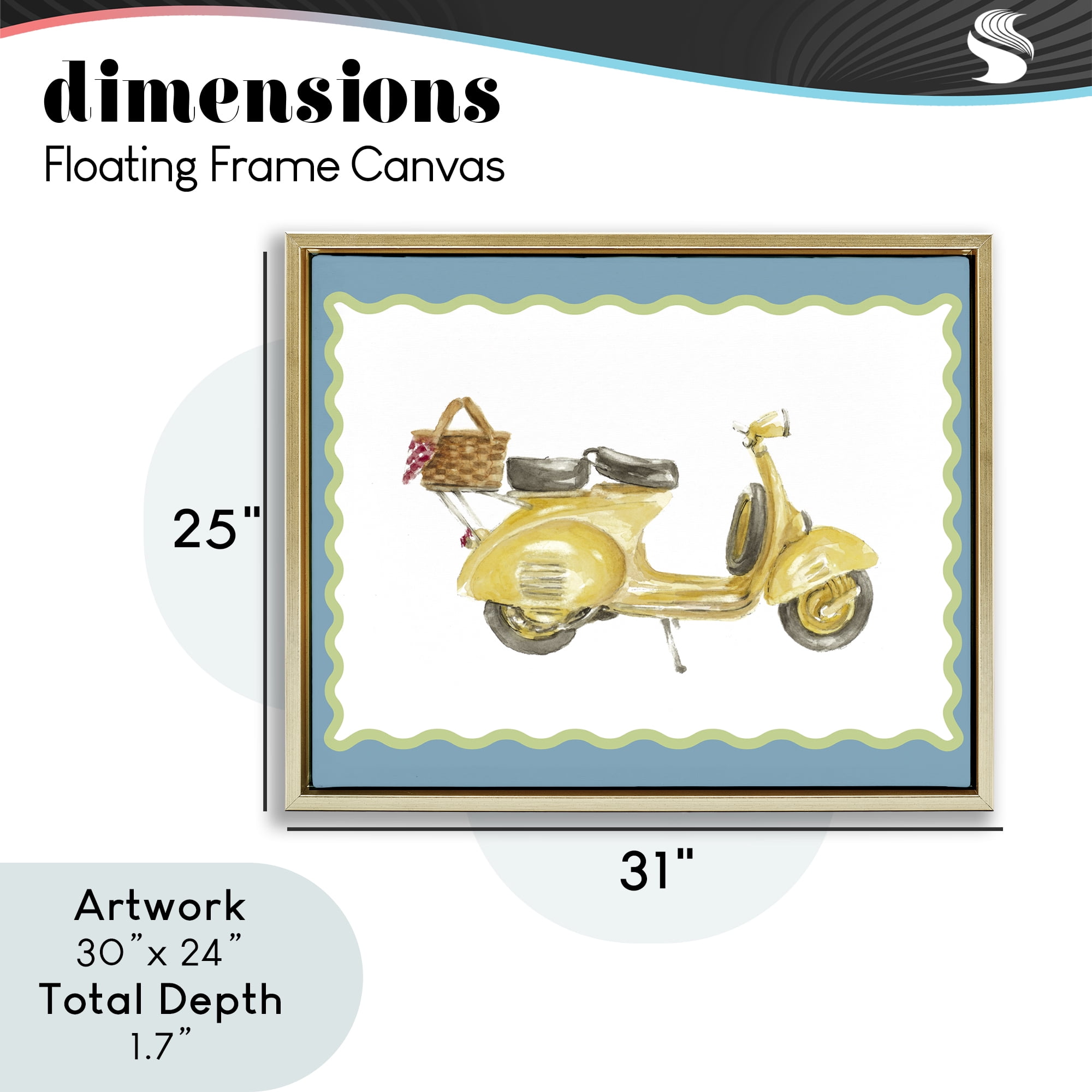 Stupell Industries Yellow Vespa with Wavy Border Gold Framed Floater Canvas Wall Art, design by Lanie Loreth