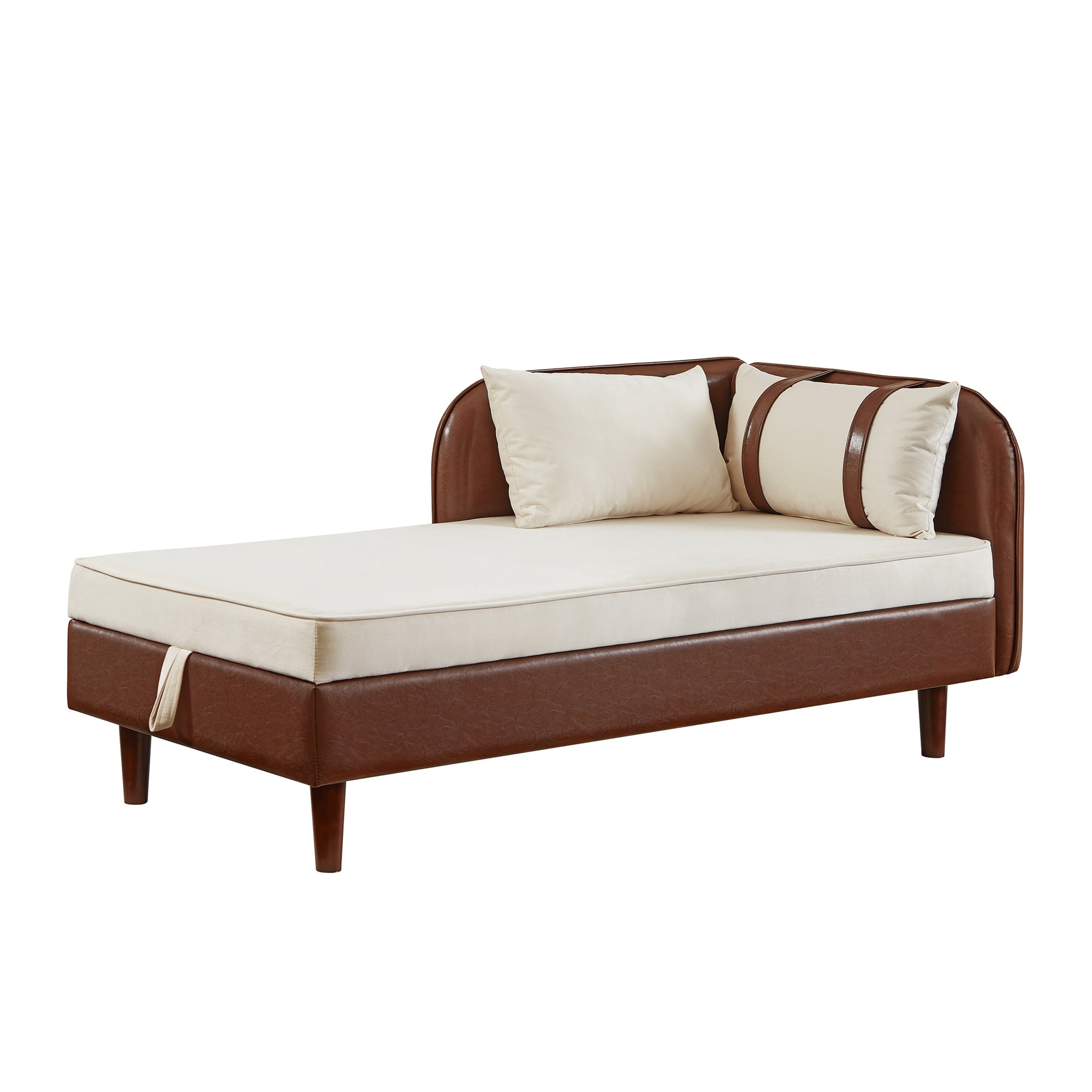 Aukfa 65" Storage Chaise Lounge Indoor Leather Sofa for Living Room Bedroom, Wooden Legs, 2 Pillows, Brown & Beige