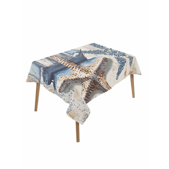 Vintage Nautical Table Cloth, Summer Coastal Floral Starfish Waterproof Tablecloth for Rectangle Tables, Reusable Washable Fabric Table Cover for Restaurant Kitchen Dining Tables 52"x70"