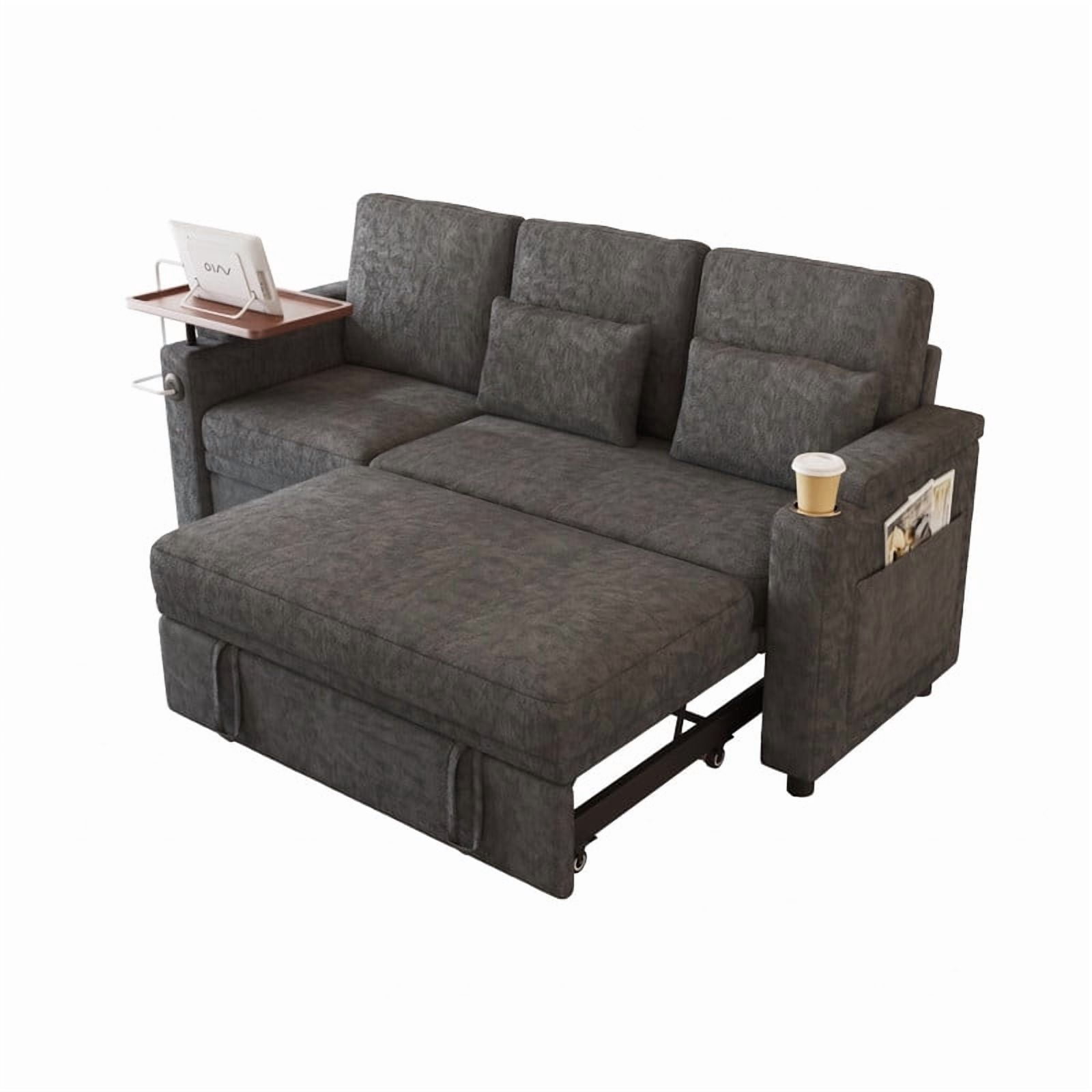3-in-1 Convertible Sofa Bed, 3-Seater Chenille Couch with Adjustable Backrest, USB Charging Ports, Table Board and Storage Armrests, 81'' Foldable Sleeper Sofa for Living Room
