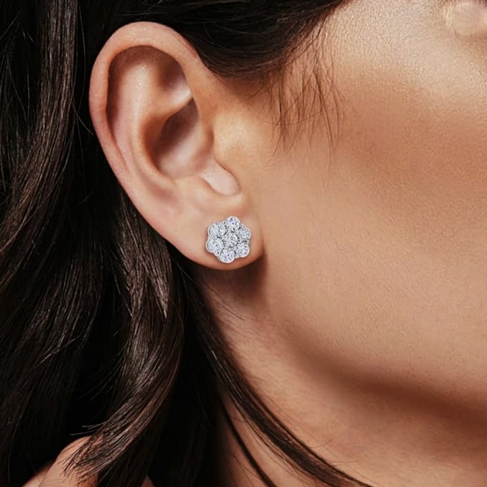 White Gold Plated 925 Sterling Silver Screw Back Post Women’s Men’s Iced CZ Round Flower Cluster Circle Hip Hop  Cubic Zirconia Stud Earrings