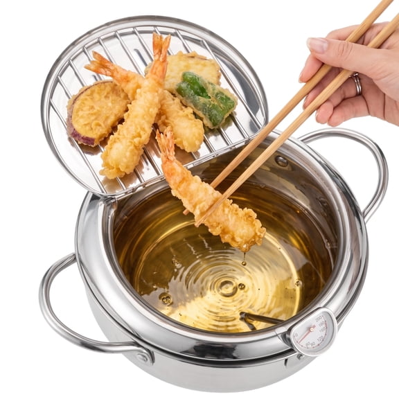 Deep Fryer Pot with Thermometer, 2.2L Stainless Steel Japanese Style Tempura Fryer Pan with Oil Draining Rack, Home Kitchen Frying Pot for Chicken, Fish
