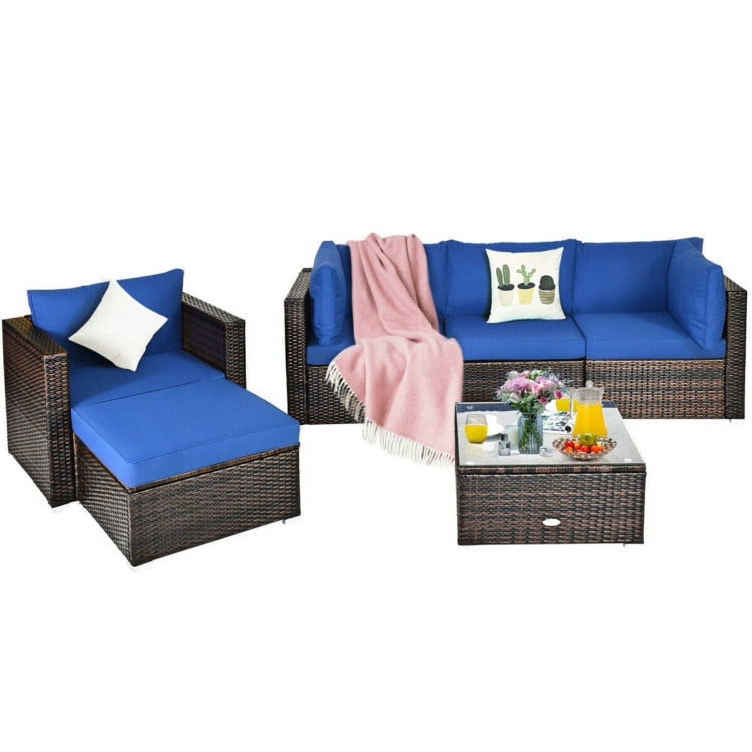 Aimee Lii 6 Pcs Patio Rattan Furniture Set with Sectional Cushion, Outdoor Deck Furniture, Blue Aimee Lii 6 Pcs Patio Rattan Furniture Set with Sectional Cushion, Outdoor Deck Furniture, Blue