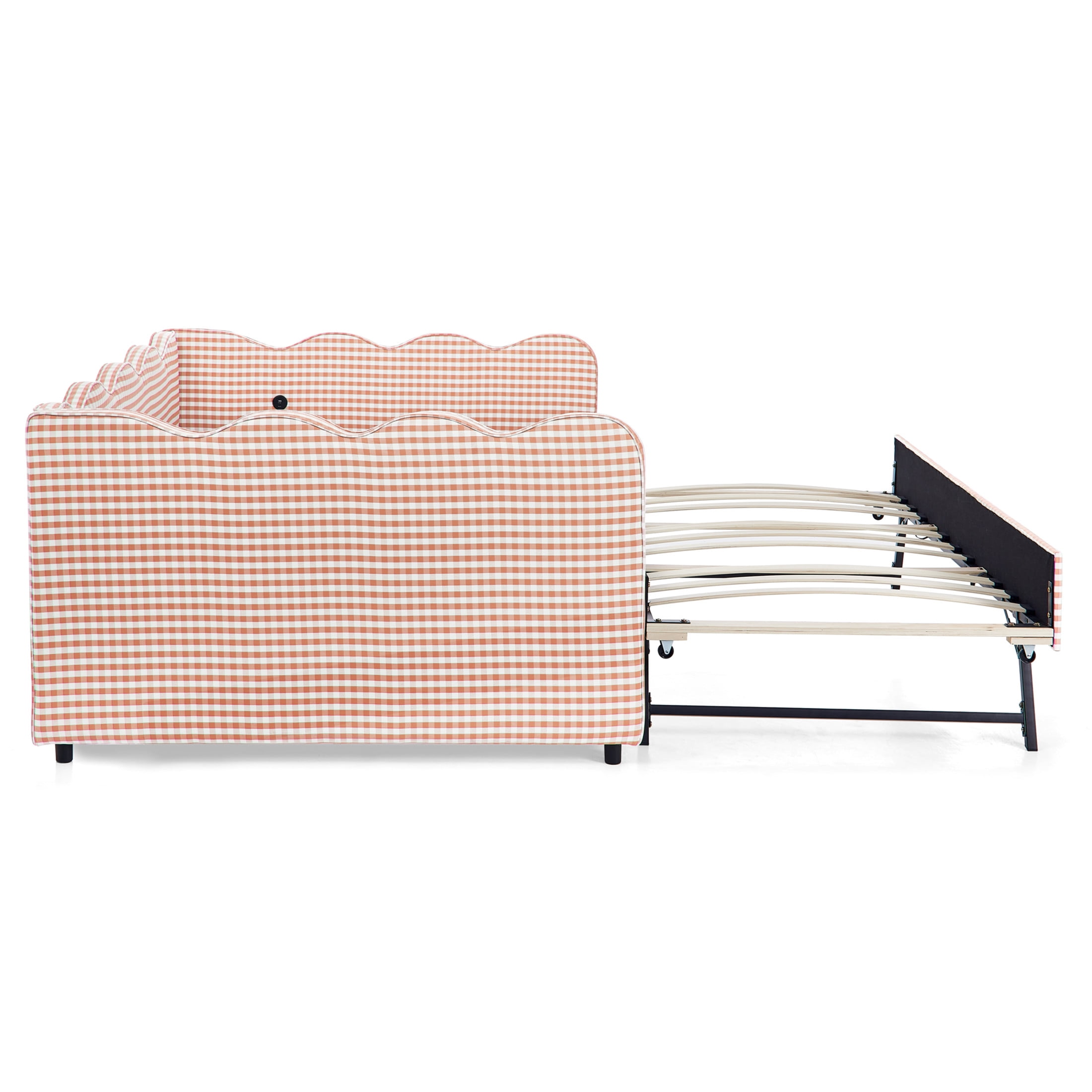 Noble House Wesley Full Size Waved Daybed, Cozy Gingham Linen Sofa Bed with Twin Trundle and Charging Port, Pink