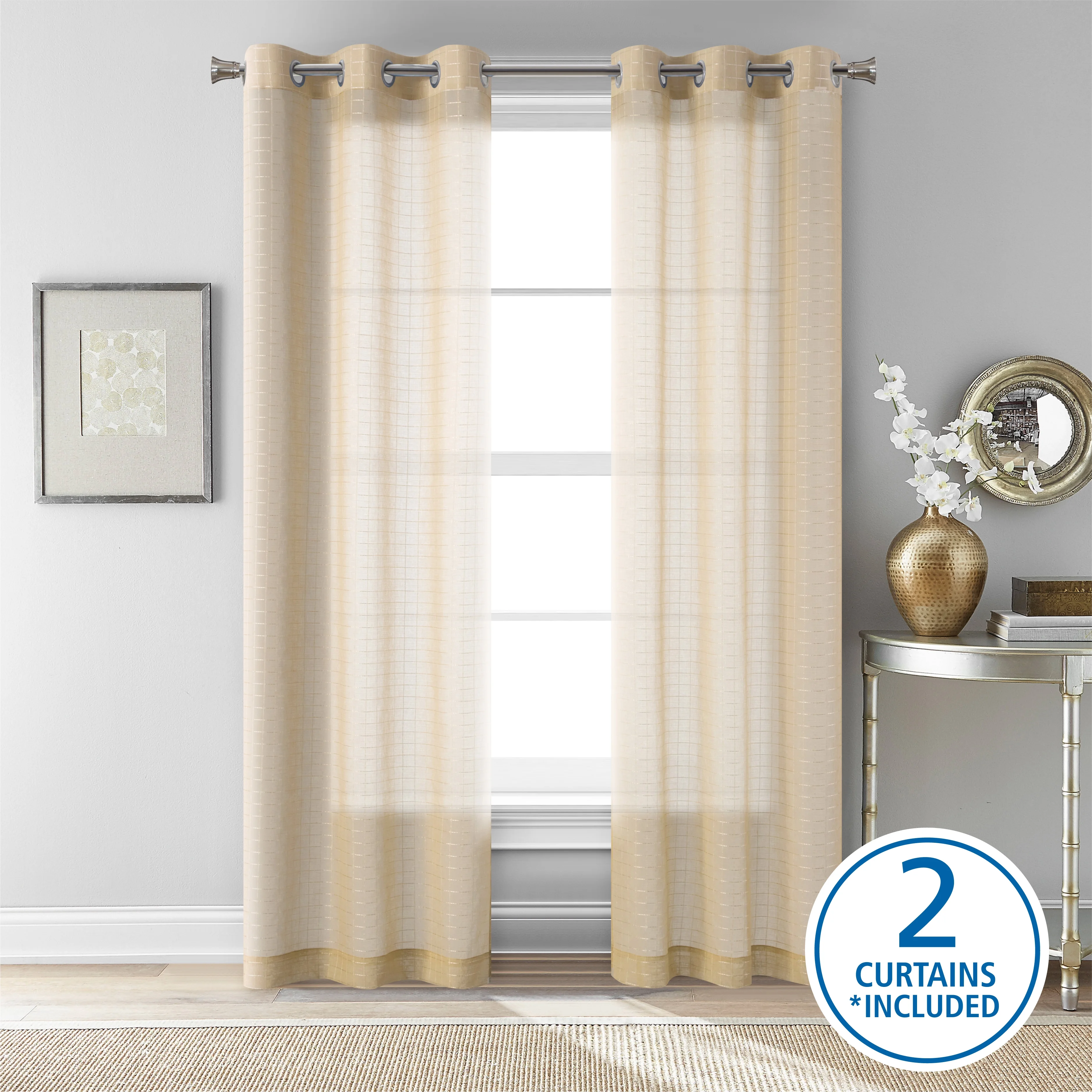 (2 pack) Mainstays Windowpane Sheer Curtain Panel Pair, Set of 2, Papyrus Beige, 38" W x 84" L