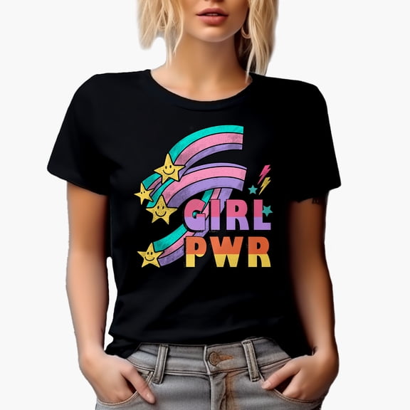 Retro Girl Pwr, Feminist Art Merch Gift, Black T-Shirt, Small
