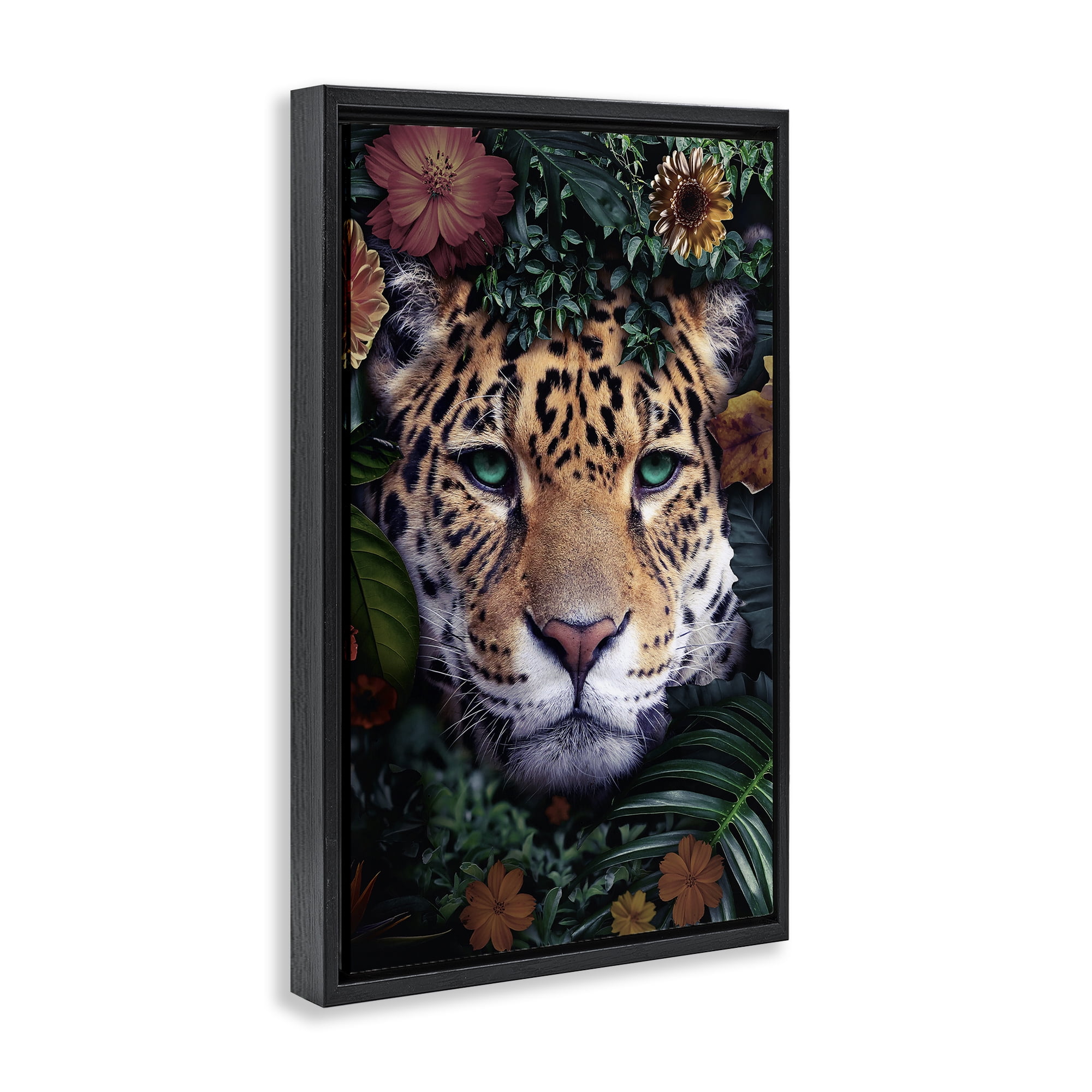 Stupell Industries Cheetah with Tropical Florals Animals Painting Black Floater Framed Canvas Art Print Wall Art, 21 x 31