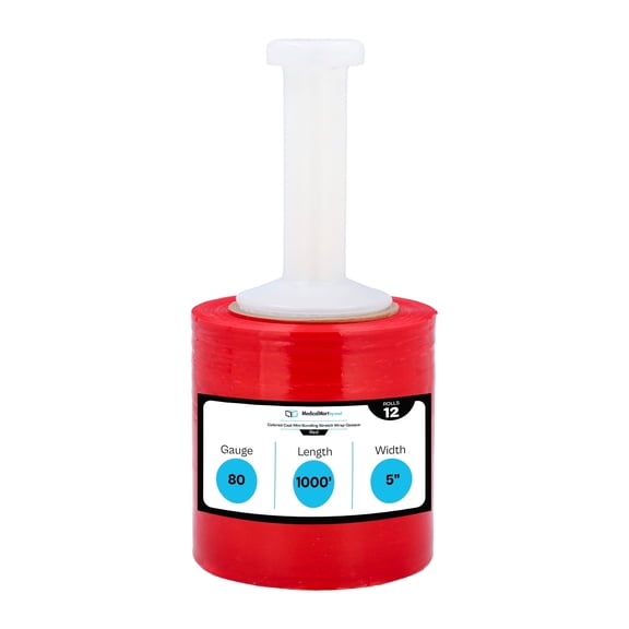 MMBM Red Mini Stretch Wrap with Reusable Handle 5 Inch x 1000 Feet 80 Gauge 12 Rolls Plastic Film for Packing