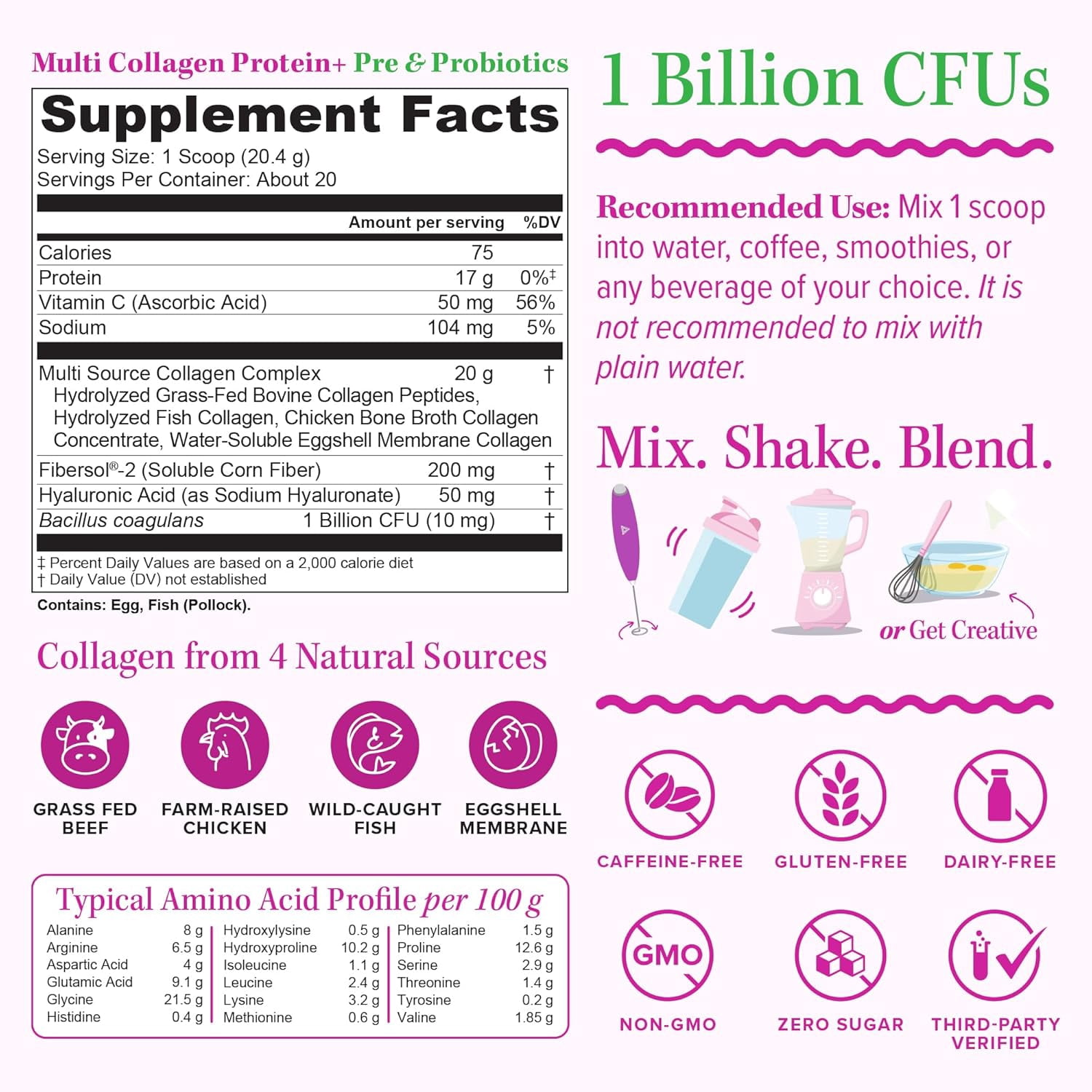 Multi Collagen Protein Powder with Probiotics & Prebiotics – 20 g Collagen Peptides, Hyaluronic Acid & Vitamin C | Supports Skin & Digestive Health | Unflavored | 20 Servings