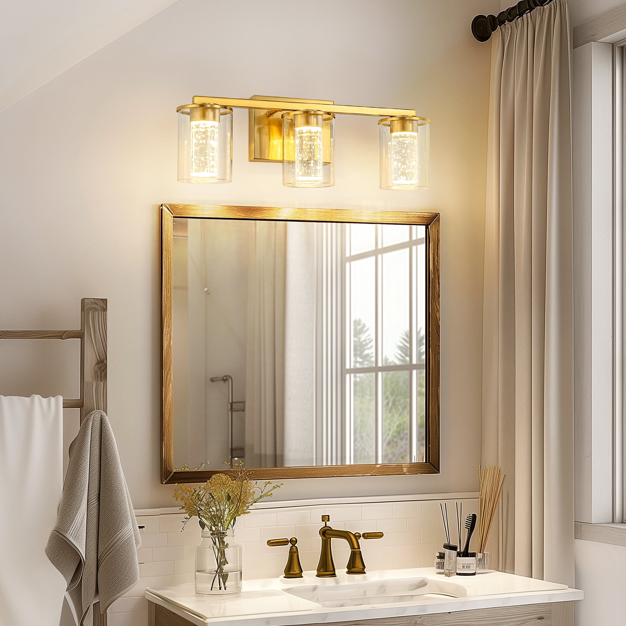 Briignite 3-Light Brushed Gold Vanity Lamp, Clear Glass with Crystal Column, Dimmable Bathroom Light Fixture for Hallway, Kitchen, Bedroom, Living Room