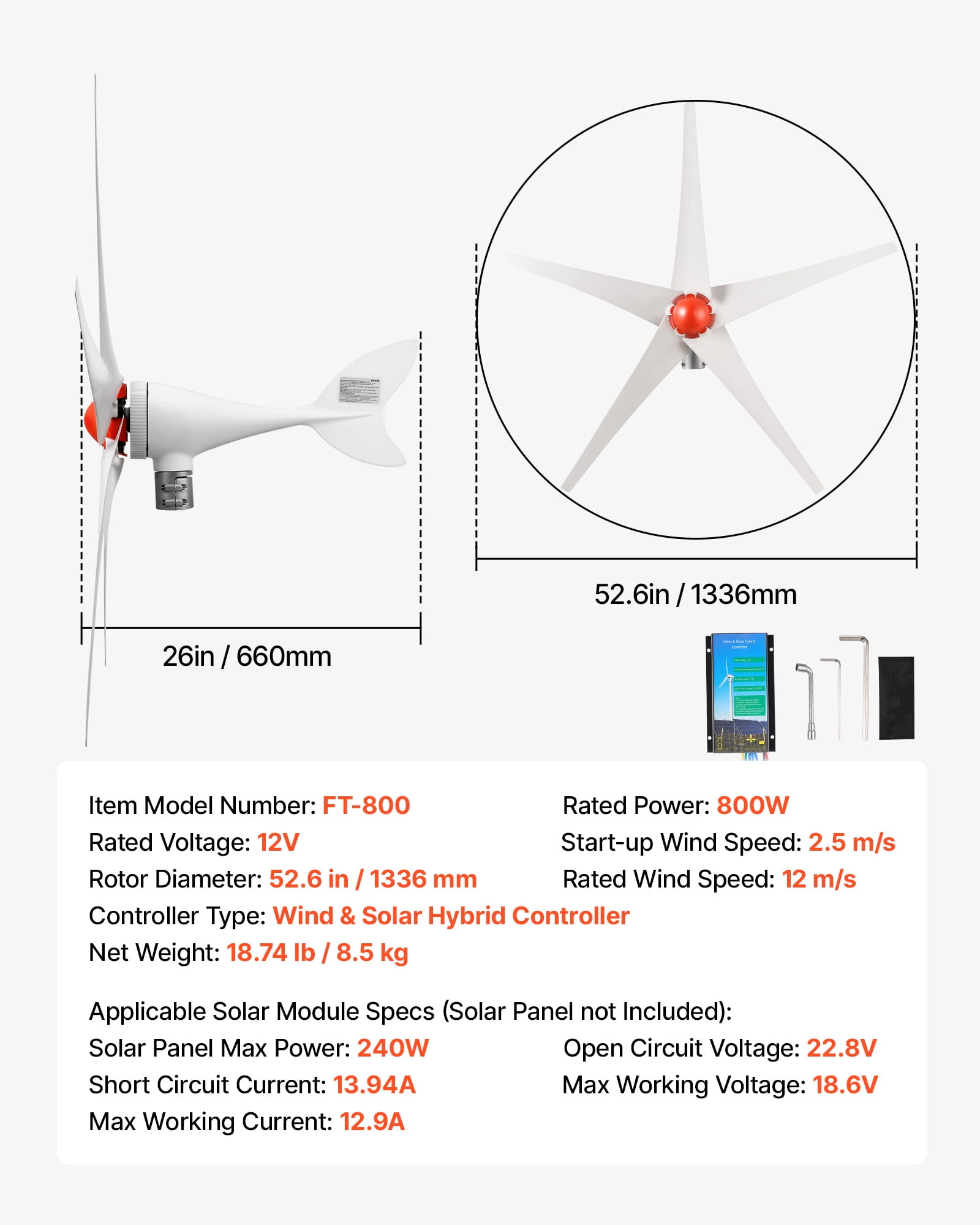 VEVOR 800W 12V Wind Turbine Generator, 5-Blade Wind Turbine Kit with Wind & Solar Hybrid Controller,Efficient 3-Phase AC Permanent Wind Power Generator for RV Boat Home Farm (Tower Pole Not Included)