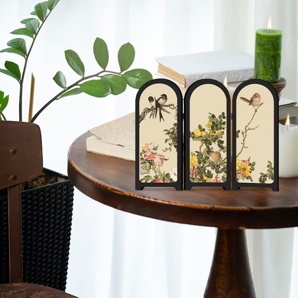 Jiibva Mini Folding Screen, 3 Panel Divider, Chinese Style Vintage Desktop Folding Screen Feng Shui Ornaments for Home Office New Year Decoration