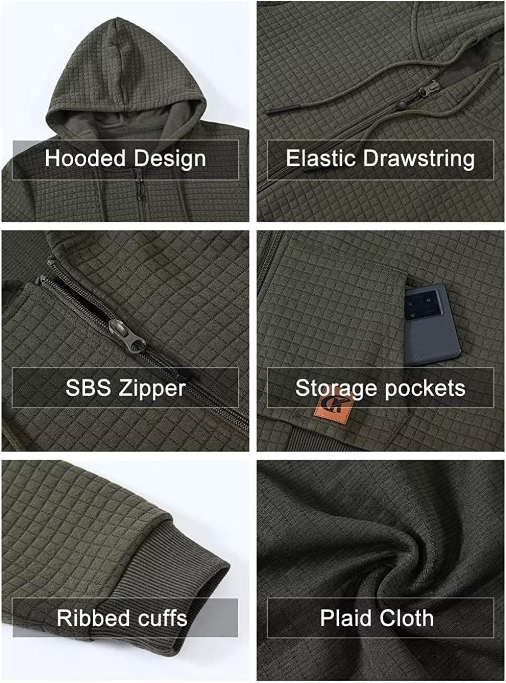 QPNGRP Men's Full-Zip Hoodie Lightweight Hoodie Sweatshirt Jacket Solid Hooded with Kanga Pocket Armygreen M