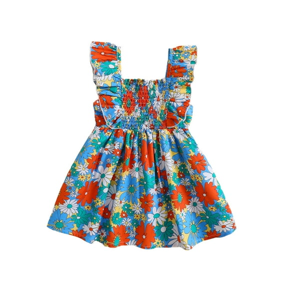 Wassery Infant Baby Kids Girls Dress 9M 12M 18M 24M 2T 3T 4T Toddler Girl Summer A-line Dress Fly Sleeve Square Neck Flower/Leaves Print Dress