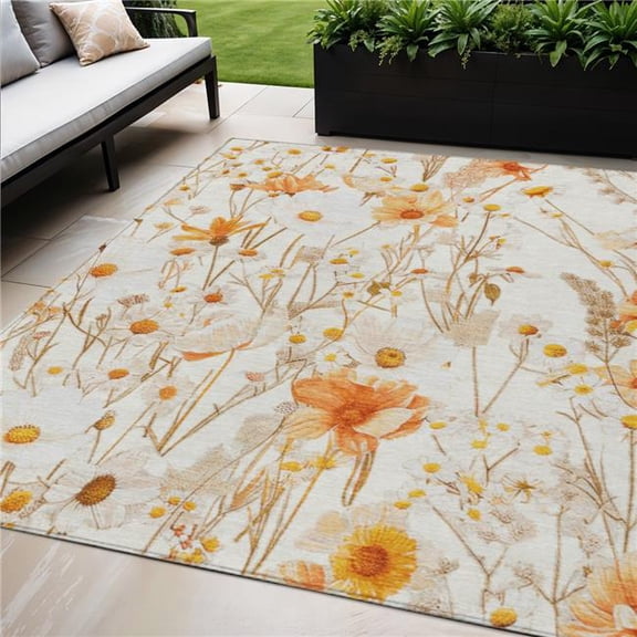 HomeRoots 611145 5 x 8 ft. Ivory & Beige Floral Washable Indoor & Outdoor Rectangle Area Rug
