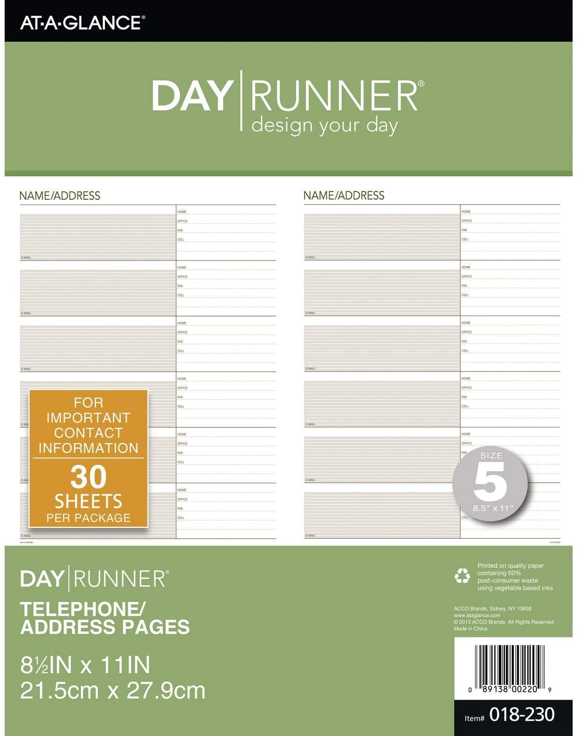Day Runner Telephone and Address Pages, Refill, LooseLeaf, Undated