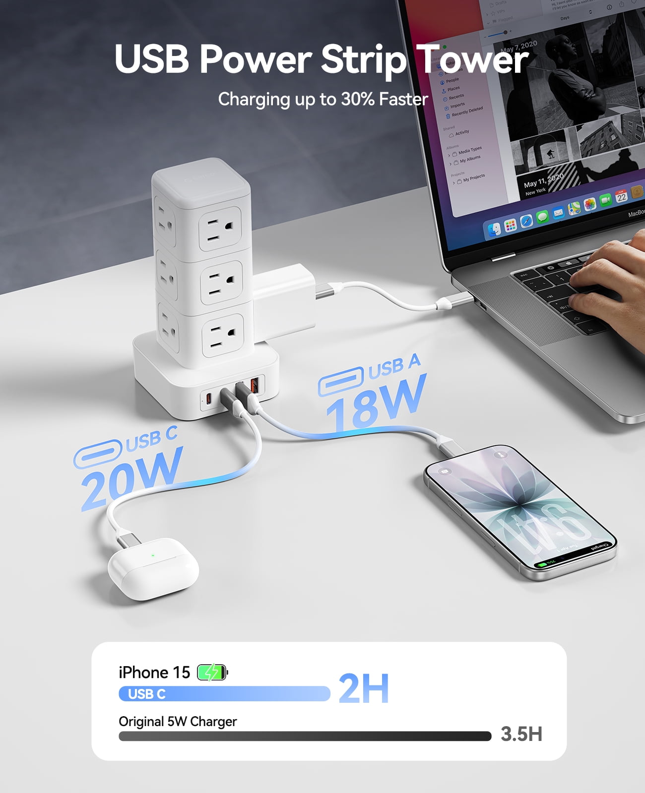 ORICO Power Strip Tower with Multiple Outlets, Tower Extension Cord with 12 AC Outlets 4 USB Ports (2 USB C), Space Saving Design, 5FT Cord Power Tower for Home, Office, Dorm - TPP20 (White)