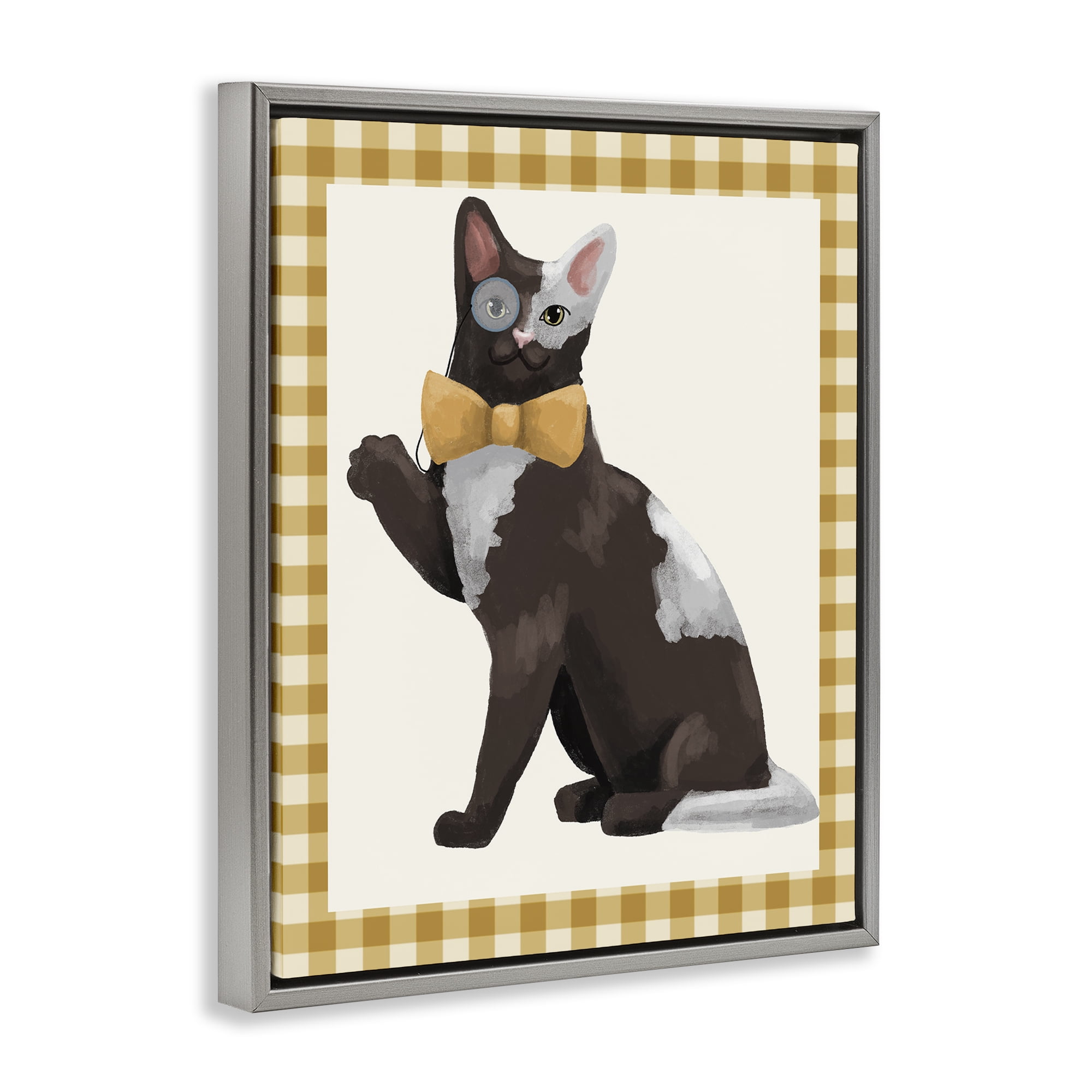 Stupell Industries Gentleman Cat with Bow Gray Framed Floater Canvas Wall Art, design by Sadie Harper