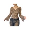 thumbnail image 2 of hirigin Women's Vintage T-shirt, Adults Cashew Nut Print Flare Sleeve V-neck Pullover (Khaki), 2 of 9