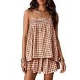 thumbnail image 2 of Vdoaml Women Gingham 2 Piece Set Ladies Spaghetti Strap Smocked Tank Top Loose Shorts Sets Casual Summer Outfit XL Khaki, 2 of 5