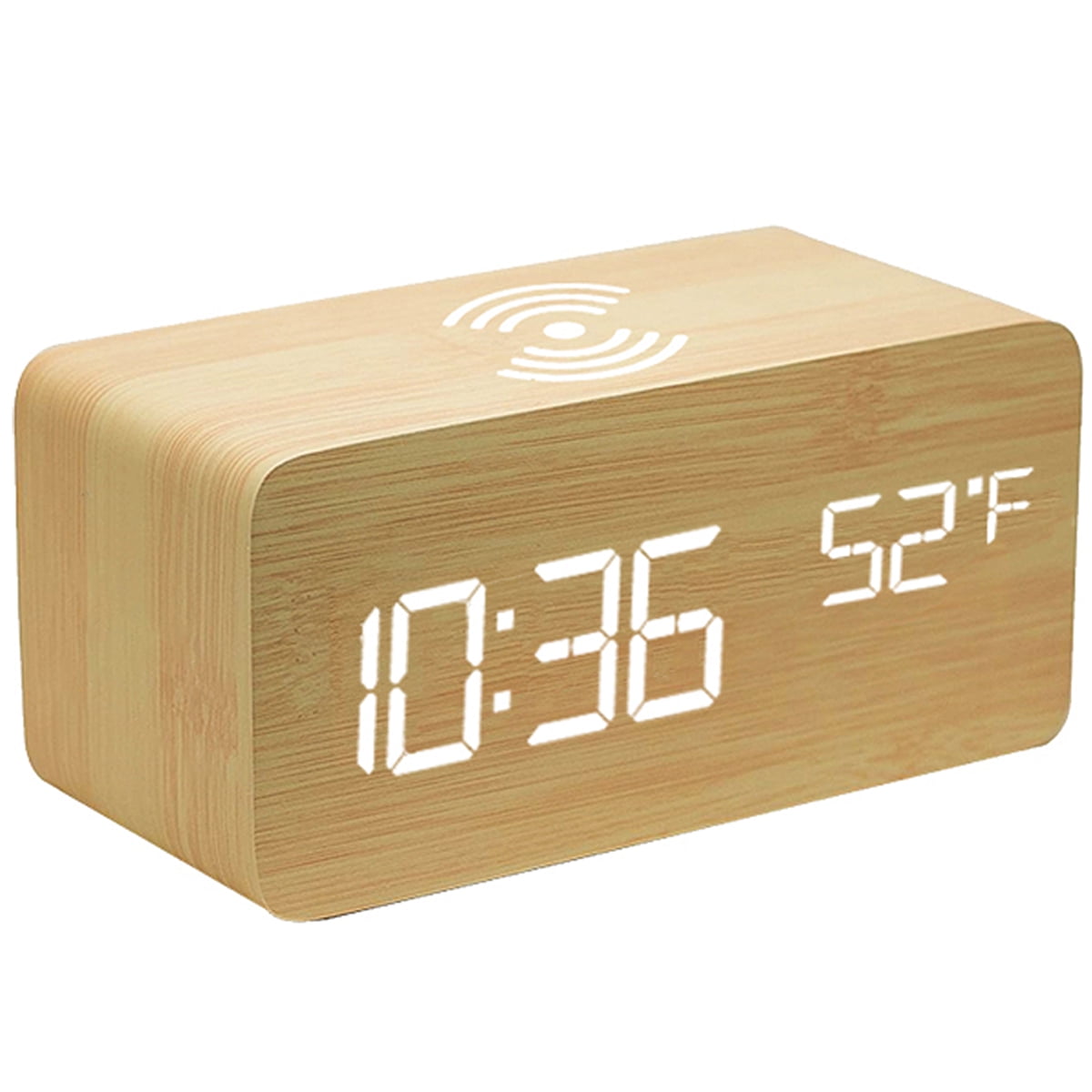 Modern Wooden Wood Digital LED Desk Alarm Clock Thermometer Qi Wireless Charger 