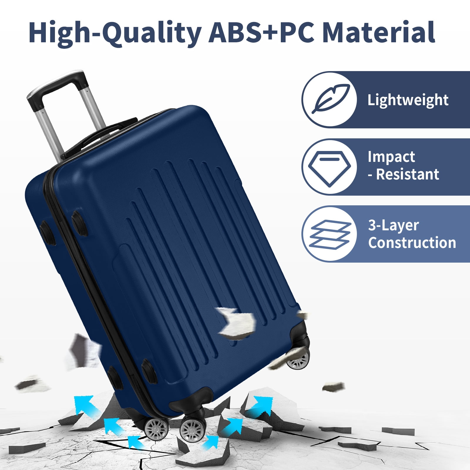 Zimtown 3 Piece Hardshell Luggage Set, ABS+PC Nested Spinner Suitcase Luggage Set With TSA Lock, Navy Blue