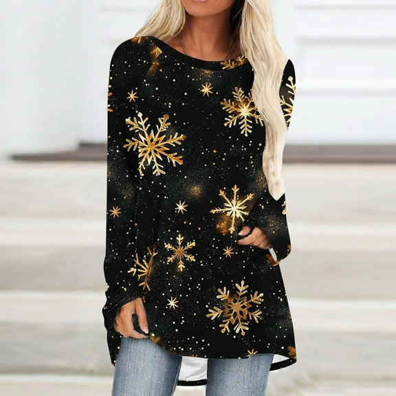 ZRGHAOYLQ Christmas Shirts for Women 2025 Golden Christmas Snowflake Print Shirt Funny Merry Christmas Crewneck Pullover Long Sleeve Xmas Holiday Tops