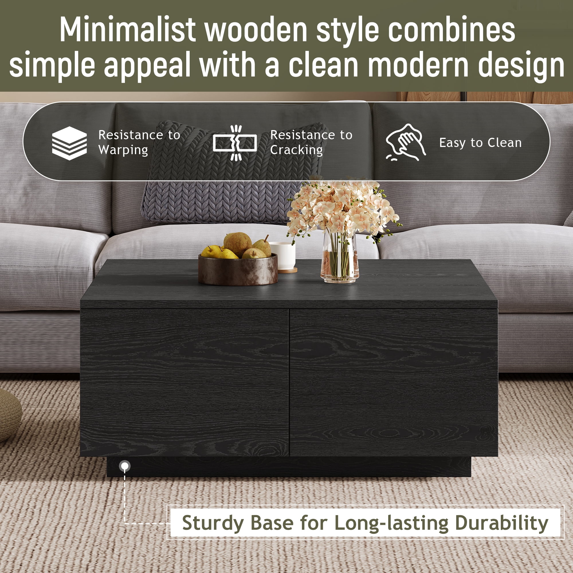 Euroco 33.25" Square Wooden Coffee Table with 4 Storage Drawers,Solid and Engineered Wood Construction