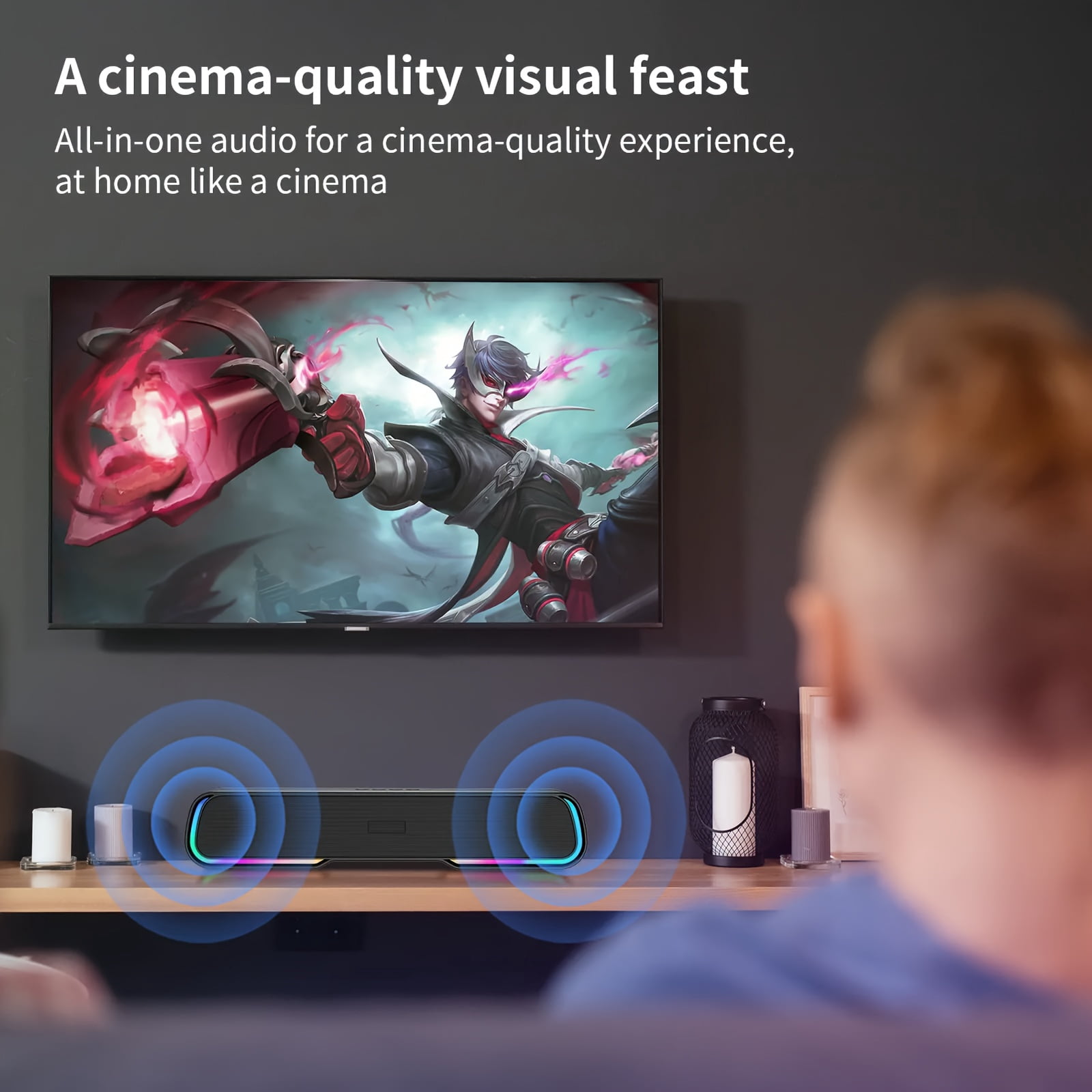 Wireless TV Sound Bar Computer Speakers, Adjustable RGB PC Gaming Speakers with Enhanced Bass And Volume Control, Stereo USB Powered 3.5mm Aux Multimedia Speakers for Laptop/Desktop/Tablets/Phone