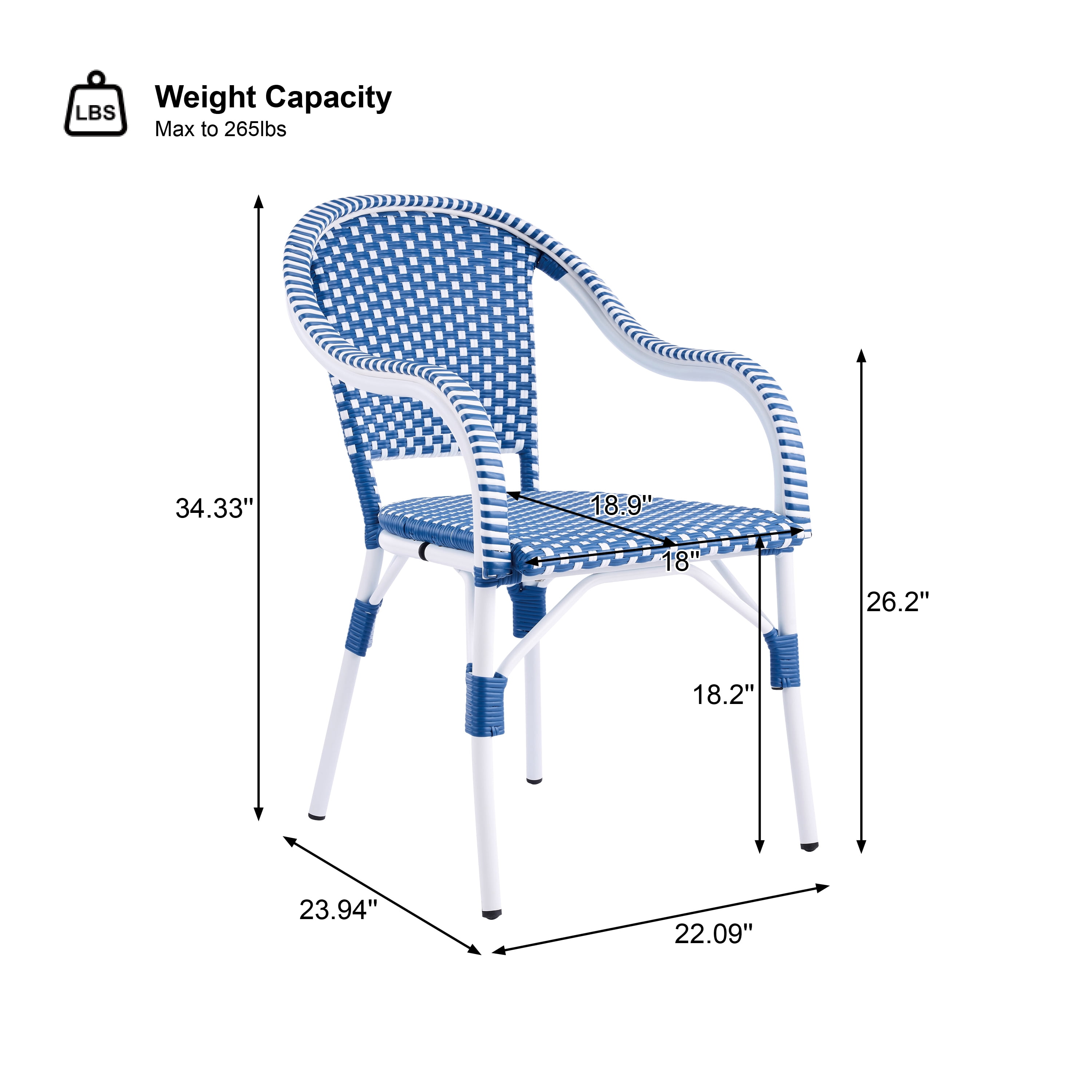 Bistro Chairs Set of 2, Outdoor Aluminum Frame Weather Resistant PP Rattan Chairs for Porch Garden, White and Blue