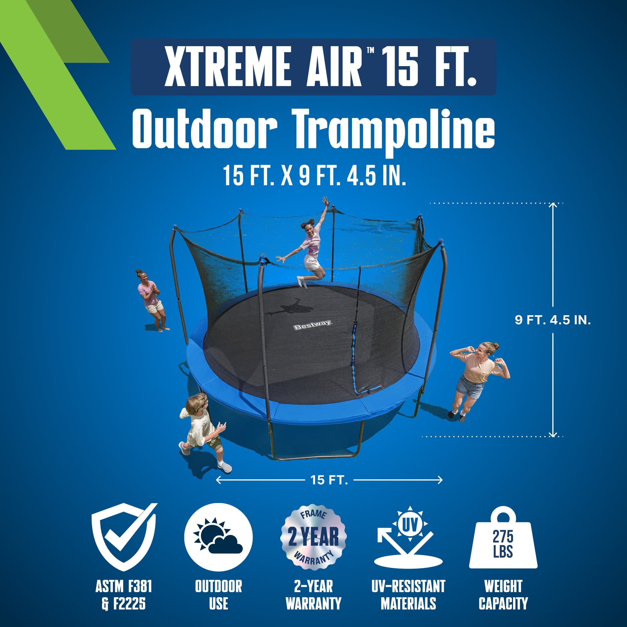 Bestway Xtreme Air 15 ft Trampoline for Kids & Adults, No-Gap Enclosure, Foam-Padded Poles