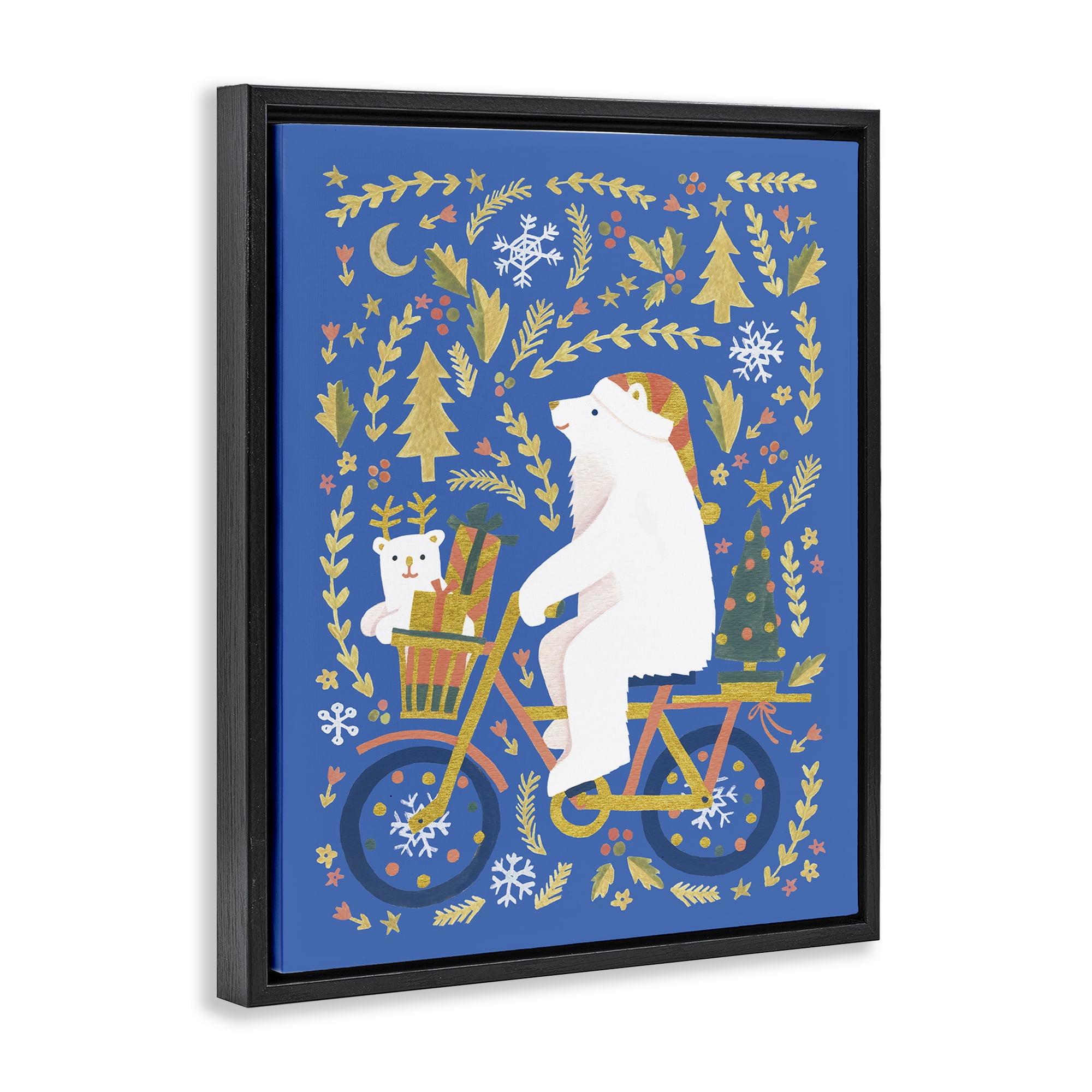 Stupell Industries Polar Bears on Bicycle Animals Painting Black Floater Framed Canvas Art Print Wall Art, 17 x 21