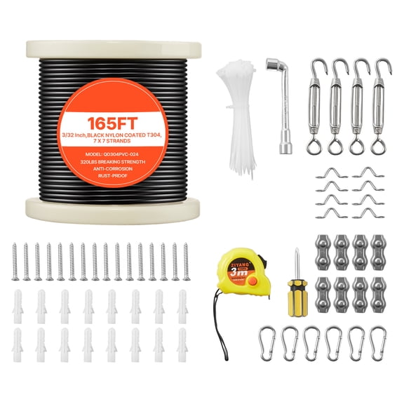 KFFKFF 3/32 Inch Wire Rope Kit, 165 ft Length, 304 Stainless Steel Cable, 450 lbs Breaking Strength, 7x7 Strands Design, Steel Wire for Deck Railings, Garden Trellises, and String Lighting