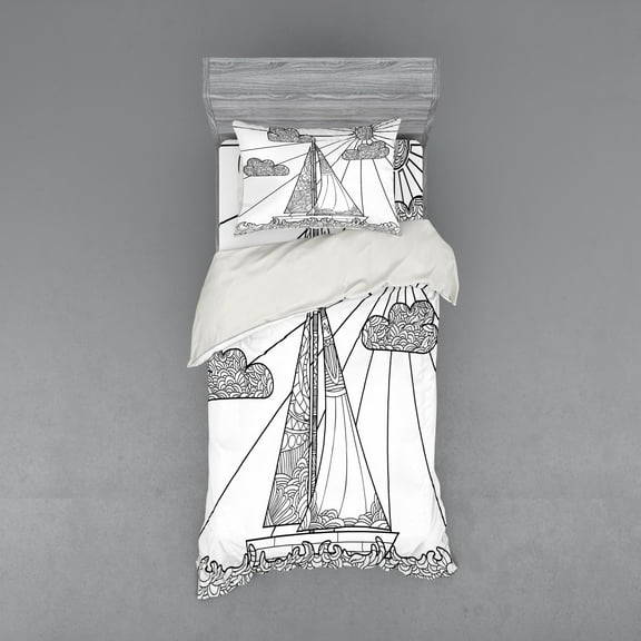 Ambesonne Nautical Bedding Set 3 Pcs, Doodle Boat on Waves, Twin, Black White