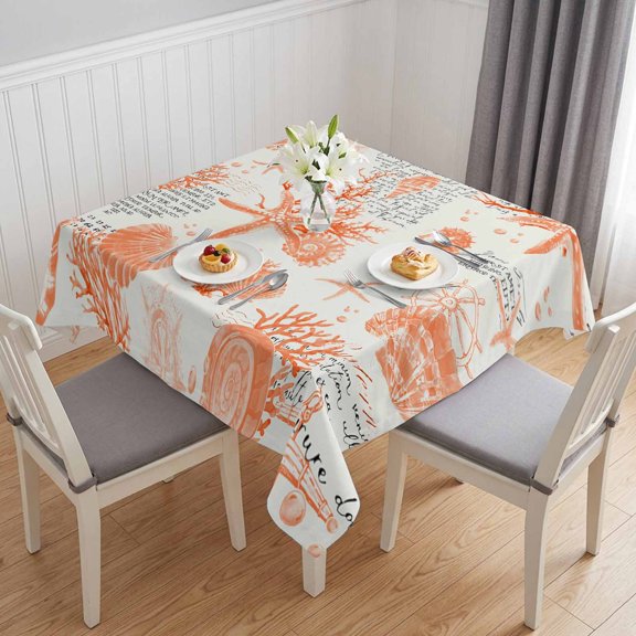 Orange Starfish Table Cloth Waterproof Tablecloths, Rustic Ocean Coastal Shells Conch Coral Tablecloth Dining Table Cover for Kitchen Party Tabletop Outdoor, Square Tablecloth 60x60 Inch