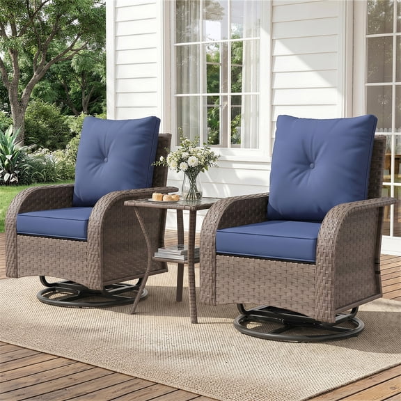 ELPOSUN Outdoor Patio Swivel Rocking Chair Set of 2, 3 Pieces All-Weather Wicker Patio Furniture Bistro Set with Side Table for Garden, Backyard, porch, Brown&Blue
