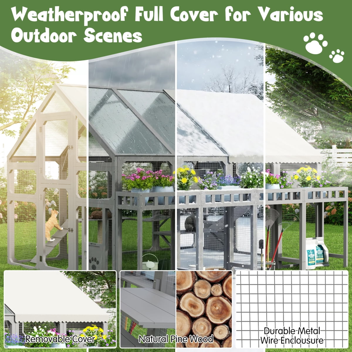 Large Outdoor Cat House with Planter Stand, Wooden Cat Enclosure with Resting Boxes and Hanging Bridge, Walk-in Catio Cage with Waterproof Cover, Gray,Ships 2 Pkgs
