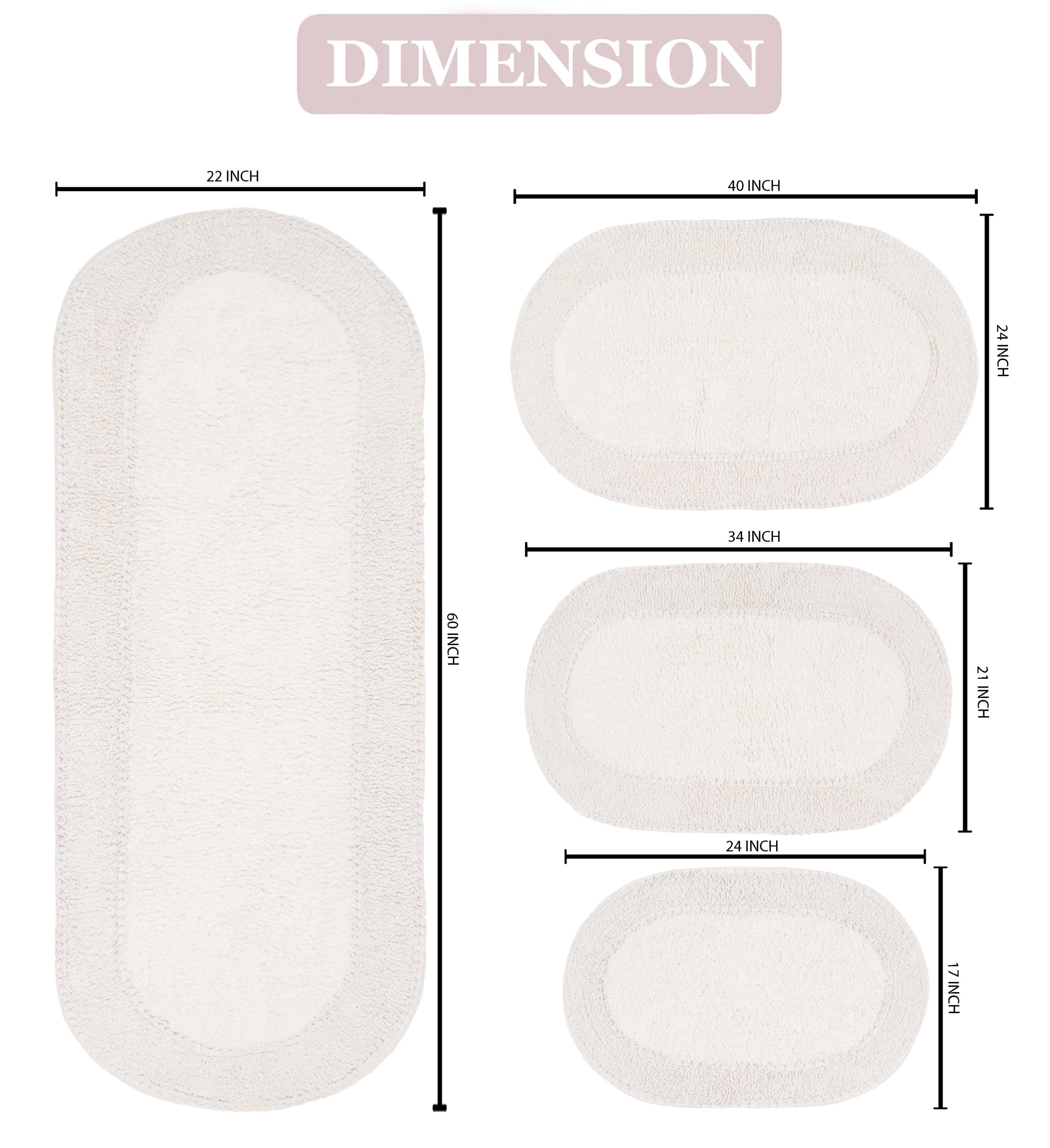 Home Weavers Double Ruffle Collection 100% Cotton Non-Slip Bathroom Rug Set Machine Washable Bathroom Rug, Bath Rug, Bathroom Rug, Runner, Ivory Color 4 Piece Bath Rug set