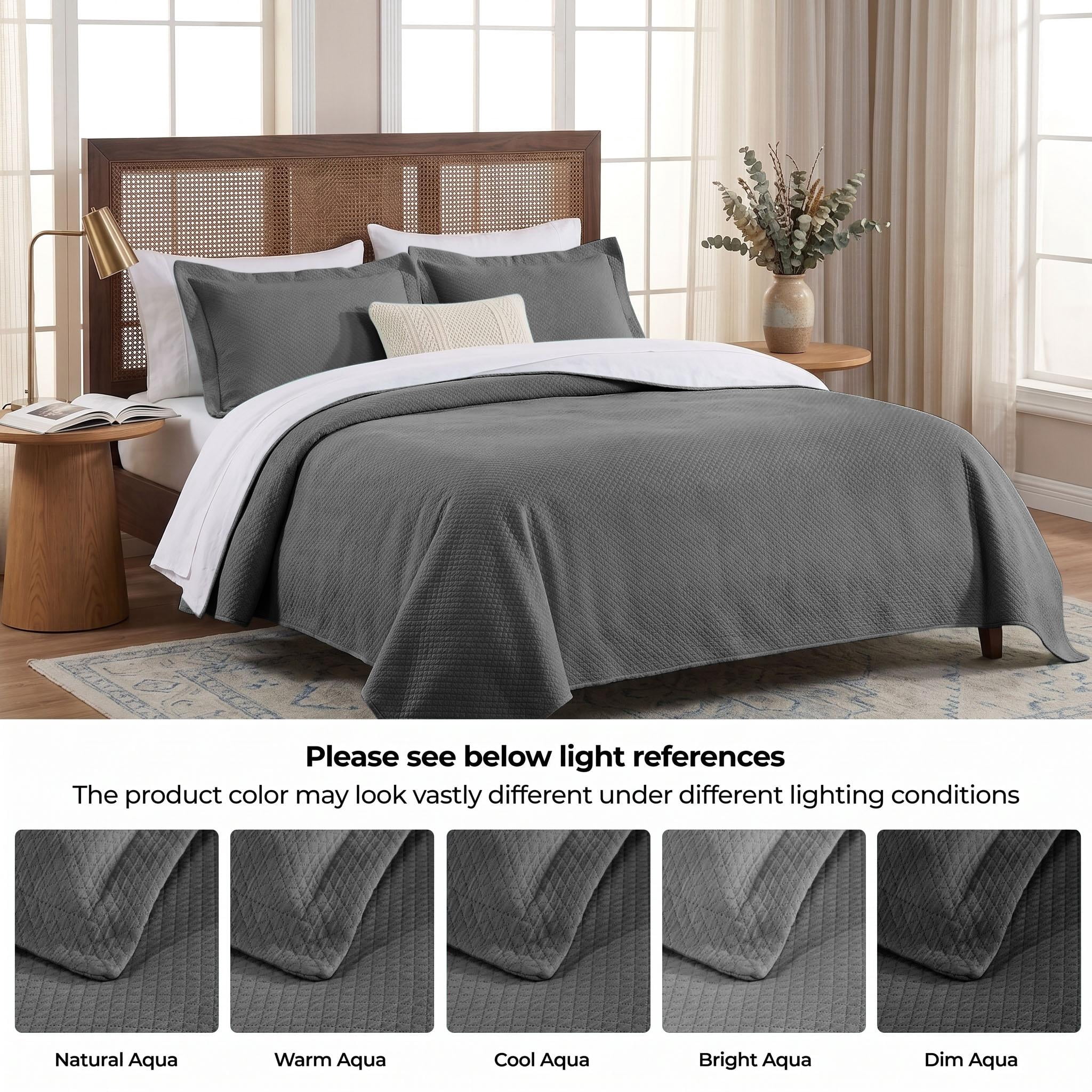 Superior Solitaire Cotton Decorative Bedspread and 2 Pieces Sham Set, Full, Grey