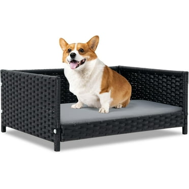 Wicker Dog Bed, Rattan Pet Bed with Metal Frame, Soft Waterproof Removable Cushion, Elevated Indoor Outdoor Dog Couch Sofa for Small Medium Sized Dogs, 24.5 x 18 x 10 inch